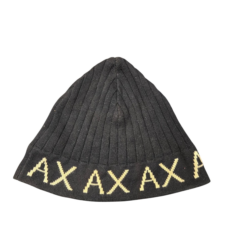 Armani Exchange Mens AX Logo Ribbed Knit Beanie Hat‎ Black Cream Cotton One Size